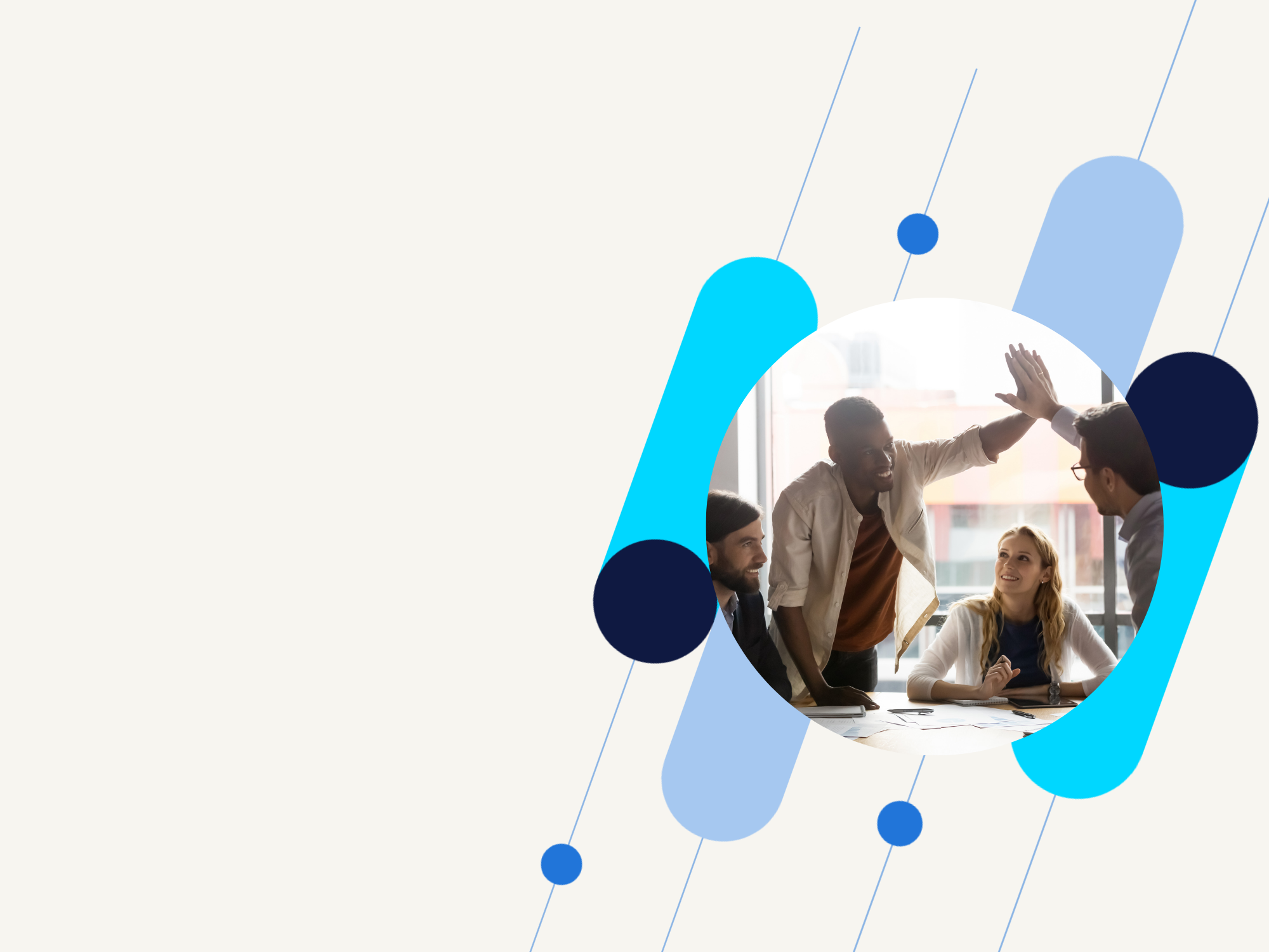 this is a group of people high fiving with an illustration